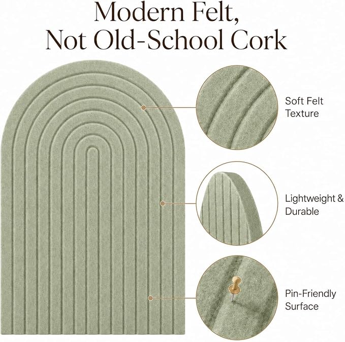 Large Arched Felt Bulletin Board, Sized 36" x 24" for Office & Wall Decor – 6 Customizable Adhesive Tiles with Pins are Perfect to Display Your Photos (Sage Green-A) - Image 3