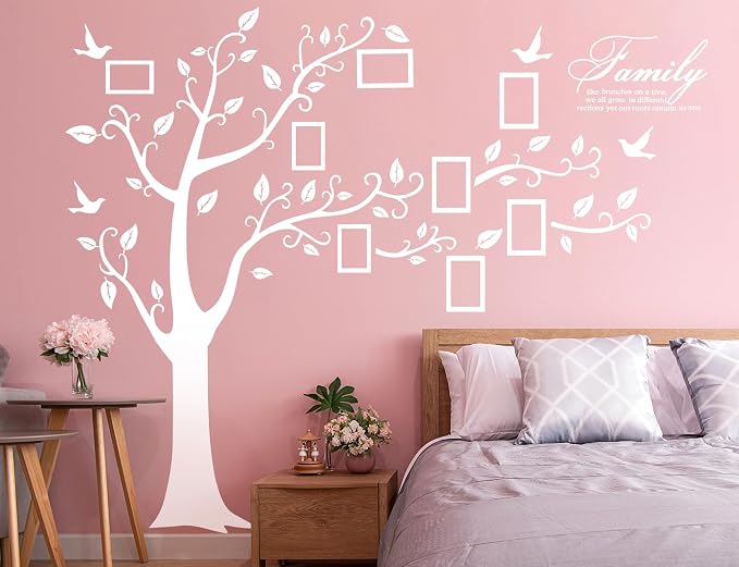Large Family Photo Tree Wall Sticker 3D Peel and Stick Vinyl Photo Frame Tree Wall Decals Removable Quotes Leaf and Birds Wall Decor for Home Kids Bedroom Living Room Classroom Nursery R White - Image 5