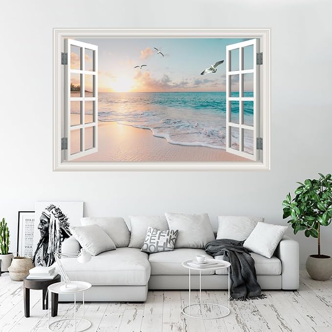 Fake Window Wall Mural Sticker -Summer Sunset Beach Open Wall Art Decal | Faux Window Natural Scenery Landscape Decorations｜Stick and Peel Decals｜for Room Bedroom Office Scene Picture Decor｜24"x16" - Image 5