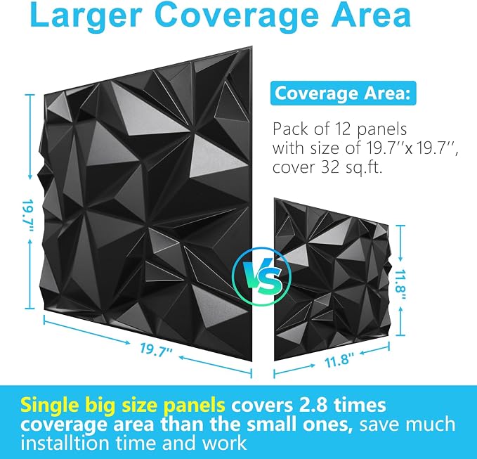 STICKGOO 3D Wall Panels, Black Diamond Design, 12 Pack, 19.7''x19.7'' | Accent Wall Panels for Interior Wall Decor, Living Room Lobby Bedroom TV Backdrop, Cover 32.4 Sq.Ft - Image 5