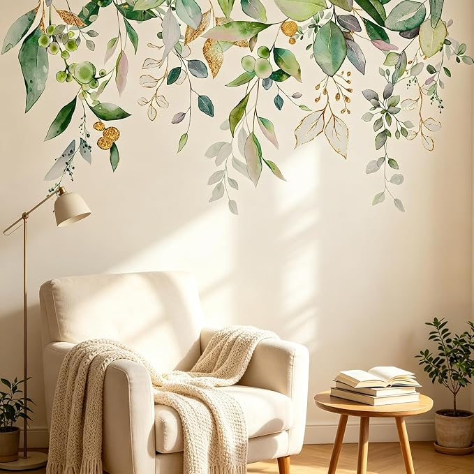 Boho Eucalyptus Gold Foil Hanging Vines Green Leaf Wall Decals Decor Art | Watercolor gold foil greenery peel and stick wall sticker, removable floral flower vinyl mural for living room bedroom - Image 4