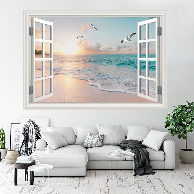Large Murals 66"x48" Fake Window Wall Decal Summer Beach Seascape Faux Window Sticker Office Poster Picture Art Decor，Stick and Peel Natural Scenery Landscape Coastal Ocean Scene Mural ﻿ - Image 5
