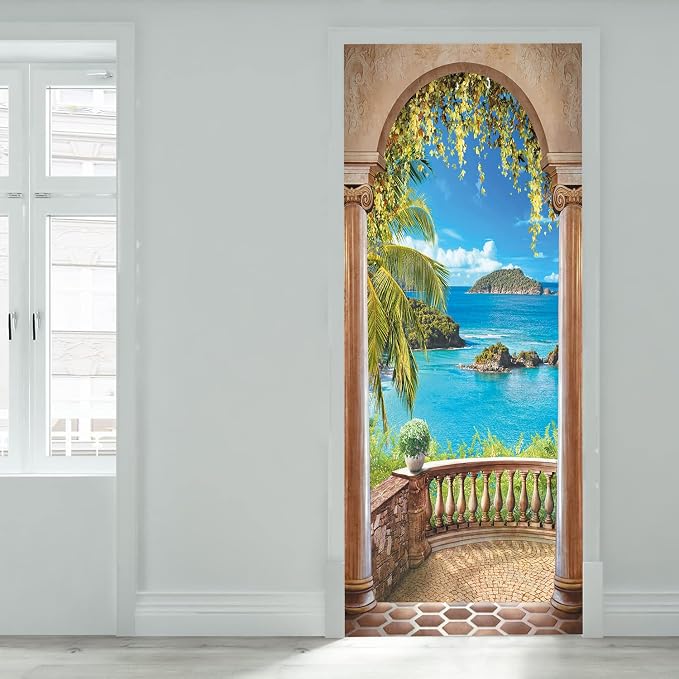 artfanke 3D Balcony Arch Seascape Peel and Stick Door Sticker 30.3"x78.7",Self-Adhesive Door Wall Murals Wallpaper Decal for Living Room Bedroom Decor (2 Sheets/Set) by artfanke