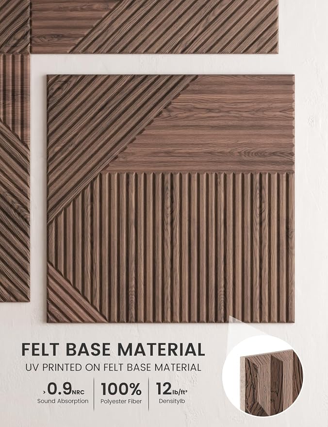 Fluxynara 6-Pack Felt Bulletin Board,Walnut Diamond Chevron-1 | 70.87" x 47.24" Cork Board Alternative, Acoustic Wall Panels with 60 Adhesive Tabs for Recording Studios and Home Offices - Image 3