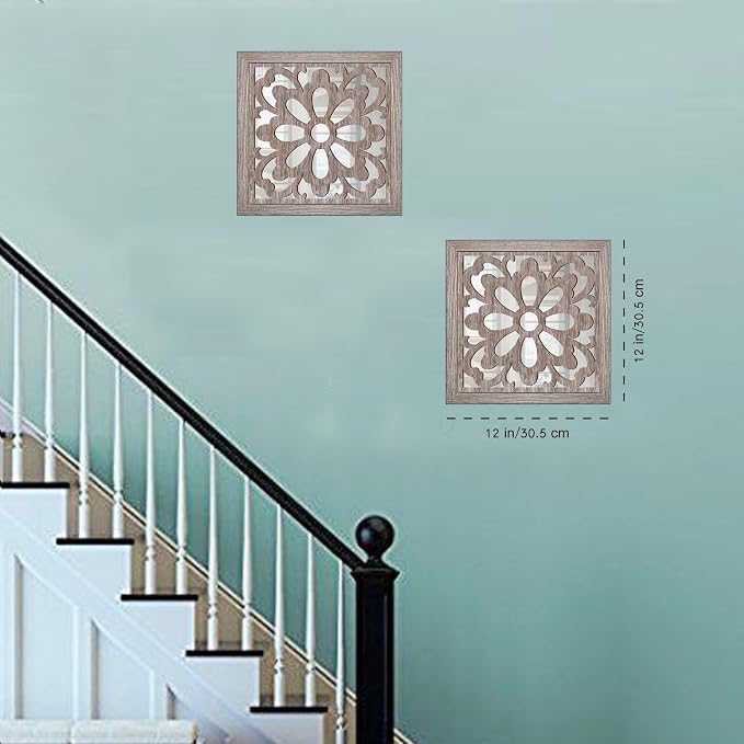 Yudarte 2pcs Set Square Mandala Cutout Wall Mirror Decor - Farmhouse Rustic Decorative Mirrors for Bedroom Bathroom Living Room Kitchen Entryway 12x12 Inches - Image 3
