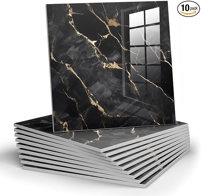 Chejiaye 10pcs Marble Peel and Stick Backsplash Waterproof Washroom Wall Panels, Peel and Stick Tile, PVC Foam Wall Panels for Kitchen,Bathroom,Living Room,Black Gold(Not Real Tile,11.8" x 11.8") by Chejiaye