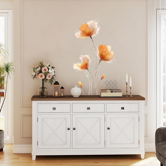 ANNA QUEEN Minimalist Orange Flower Wall Decals Peel and Stick Modern Floral Wall Stickers Removable Vinyl Botanical Wall Decor for Living Room Bedroom Hallway Elegant Wall Art - Image 8