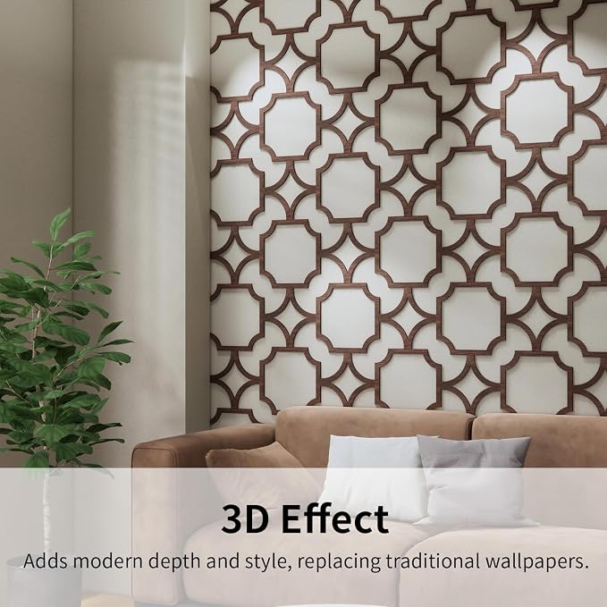8PCS PVC Modular Decorative Fretwork Wall Panels for Living Room Lobby Bedroom, Star Lattice-Walnut Faux Walnut Wood Texture - Image 5
