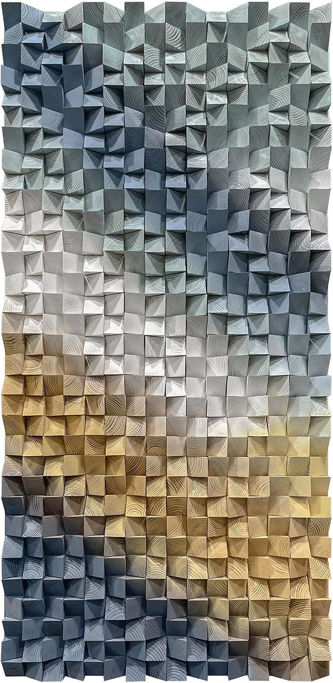 LIUZEYUE Abstract Pine Wall Sculpture Featuring Gradient Pine Composition | large wood wall art; navy and cream, shadow-casting block depth; living room wide sofa backdrop; 35.4 x 70.9 in - Image 2