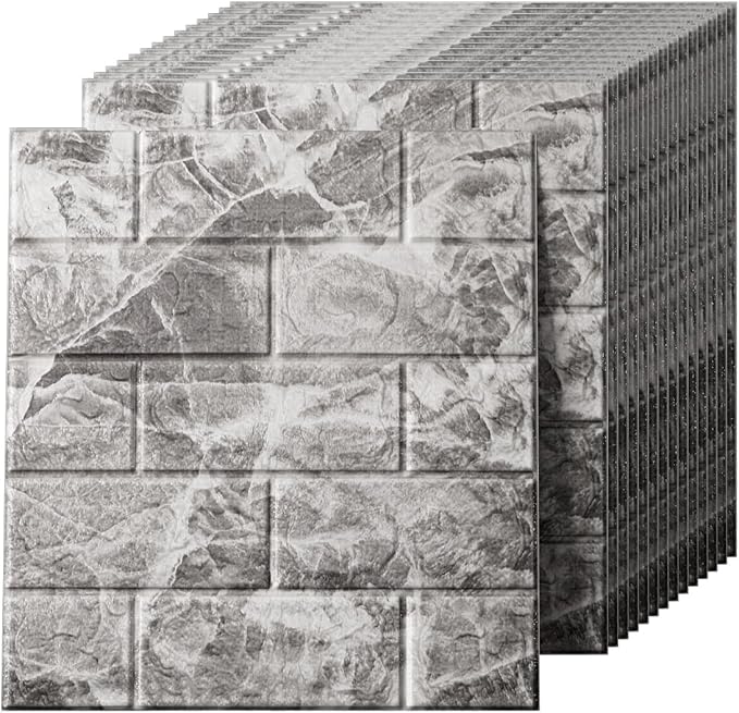 Faux Brick Wall Panels, 40 PCS, Grey White | 3D Wall Panels Peel and Stick, XPE Foam 3D Wallpaper, Self-Adhesive Faux Stone Wall Panels for Bedroom, Stairs, Kitchen by Greymond