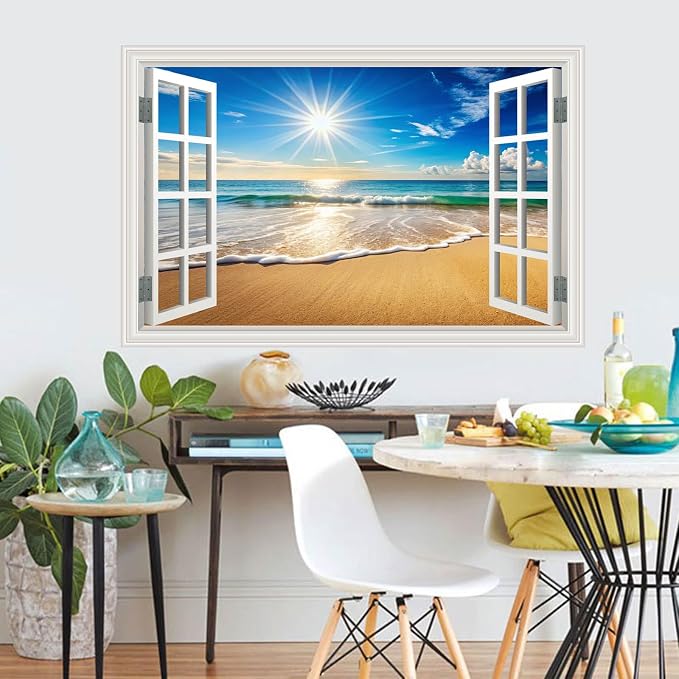 Fake Window Wall Decals Beach Ocean Sea Faux Window Wall Sticker Art Picture Poster Coastal Room Decor, Stick and Peel Landscape Natural Scenery Sunrise Seascape Scene Mural（48"x32"） - Image 7
