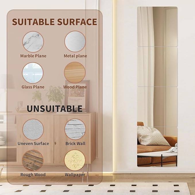 8 Pack Acrylic Mirrors for Wall,8 x 8 Inch Self Adhesive Frameless Small Mirror Tiles, Flexible Plastic Mirror Sheets for Bedroom Home Gym Door (8Pcs 8×8inch) - Image 7