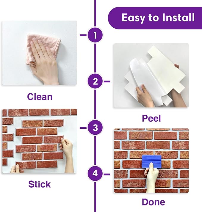 3D Peel and Stick Faux Brick Wall Panels 11.8" x 11.8" 10-Pack | Red, Small Brick-Look Textured Sticker, Thin Lightweight PVC Self Adhesive Wall Tiles for Interior Decor, Cover 9.7 sq ft - Image 8