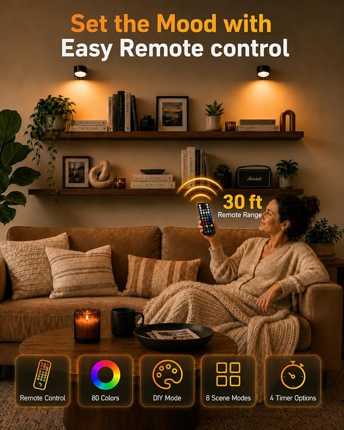 Rechargeable RGB Wall Sconces with Remote, Dimmable 360° Lights | 80 RGB Colors, 3 Color Temperatures, Remote and Touch Control, Ideal for Gaming Rooms and Bedrooms - Image 6