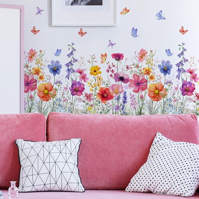 2 Pieces Flowers Wall Decals Vinyl Flowers Wall Stickers Removable Floral Murals Peel and Stick Colorful Flower Decor for Girls Bedroom Living Room Nursery (Bright) - Image 4