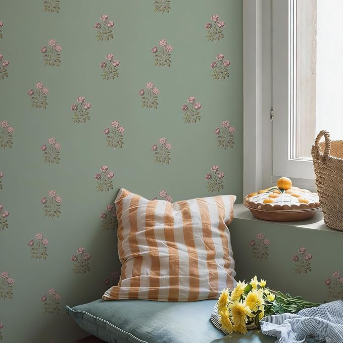 17.3"× 590.5" Vintage Floral Wallpaper Peel and Stick Boho Wallpaper Removable Waterproof Green Rose Pattern Contact Paper for Bedroom, Bathroom, Home Wall - Image 2