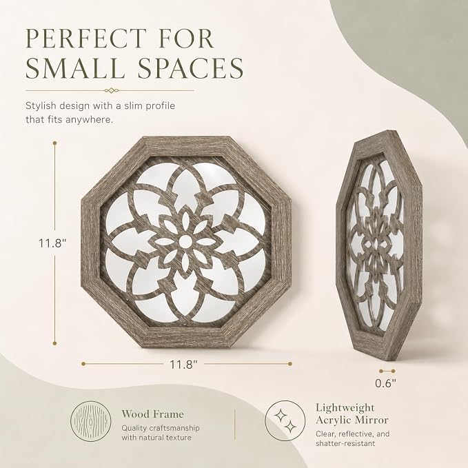 4 Pack 12 Inch Octagon Brown Rustic Wood Frame Acrylic Wall Mirrors, Farmhouse Boho Wall Art Decor for Living Room, Bedroom, Hallway, Entryway, Bathroom & Office - Image 3