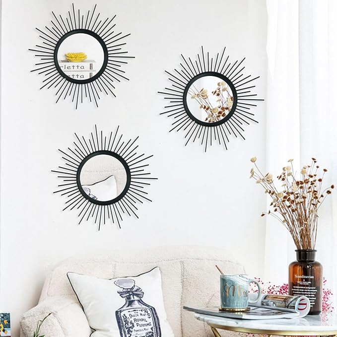 3 Pack Metal Mirrors for Wall Sunburst Wall Mirrors Home Décor Decorative Hanging Wall Art for Living Room Bedroom Entryway (Black, Sunburst) - Image 4