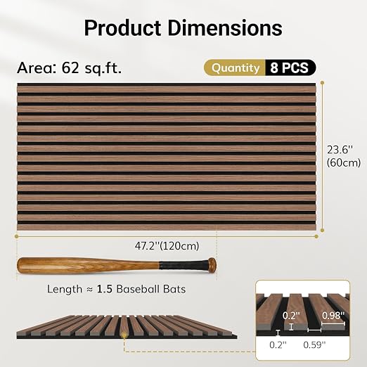 TONOR Wood Wall Panels for Interior Wall Decor-8 Pack 47.2" x 23.6" | Wood Slat Acoustic Panels-61.88ft², Soundproof Wall Panels for Noise Cancelling and Decoration, Living Room, Office, Walnut - Image 4
