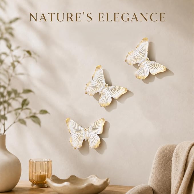 GUSFREUD 3D Butterfly Wall Decor Set – Resin Wall Decor for Living Room, Bedroom, Bathroom, Dining Room, Outdoor and Gallery Walls - Ivory Gold - Set of 3 - Image 2
