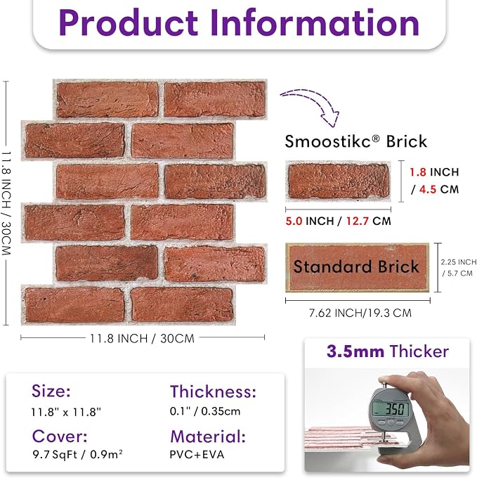 3D Peel and Stick Faux Brick Wall Panels 11.8" x 11.8" 10-Pack | Orange, Small Brick-Look Textured Sticker, Thin Lightweight PVC Self Adhesive Wall Tiles for Interior Decor, Cover 9.7 sq ft - Image 6