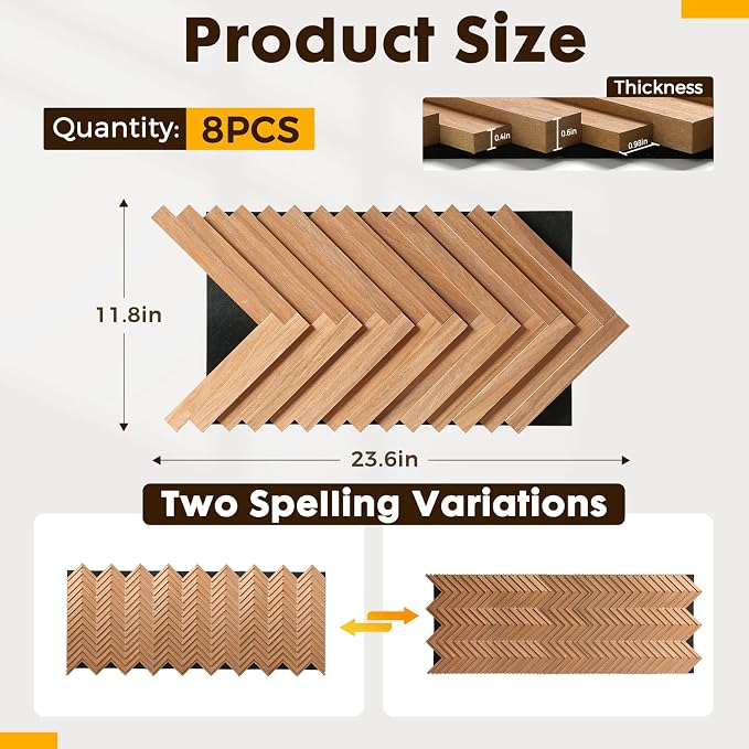 Wood Panels for Wall Herringbone, 8PCS 23.6" x 11.8" Wall Panels | 3D Acoustic Panels for Interior Wall Decor, Living Room, Office, Chestnut Walnut Sound Proof Wall Panels - Image 3