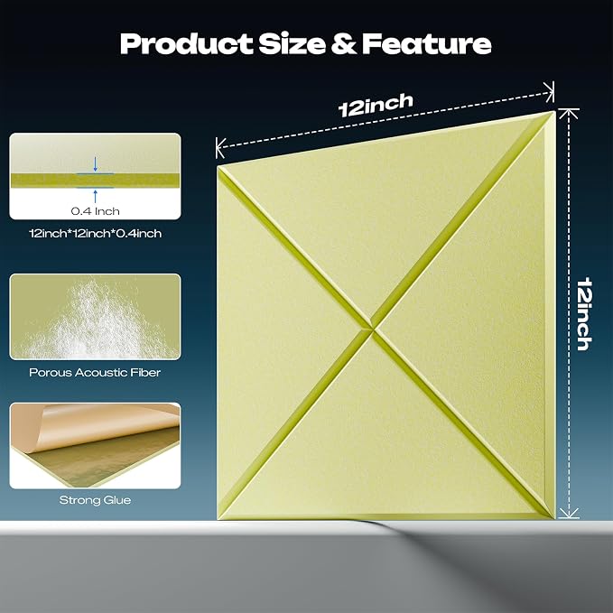 Sonicism 12 Pack X-Lined Acoustic Panels with Self-Adhesive, 12"X 12"X 0.4" Sound Proof Foam Panels, Decorative Soundproof Wall Panels, Sound Absorbing Tile for Home & Offices, Pale Yellow - Image 2
