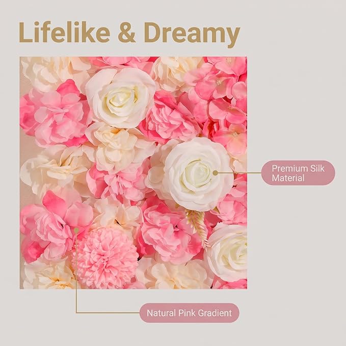 Artificial Flower Wall, 12 Panels, 16.5x16.5, Pink White Rose | 3D design, realistic look, Seamless Design,eco-friendly,easy to assemble,reusable,.Suitable for weddings,Party,Backdrop Decor - Image 6