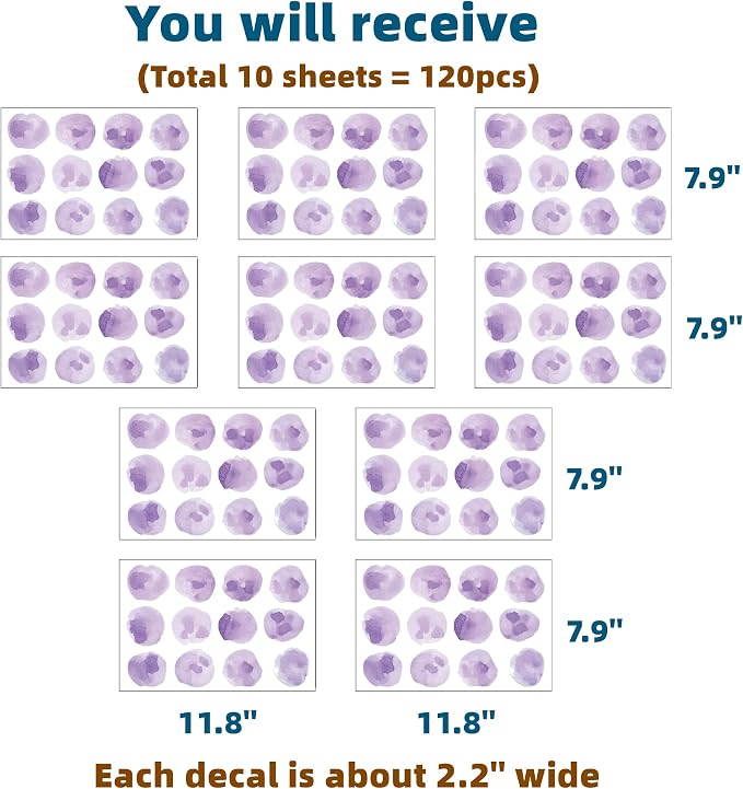 120pcs 2.2'' Purple Polka Dots Wall Decal Watercolor Wall Sticker | Removable, waterproof, vinyl peel and stick wall art for nursery, baby room, classroom, preschool, living room, and playroom - Image 4