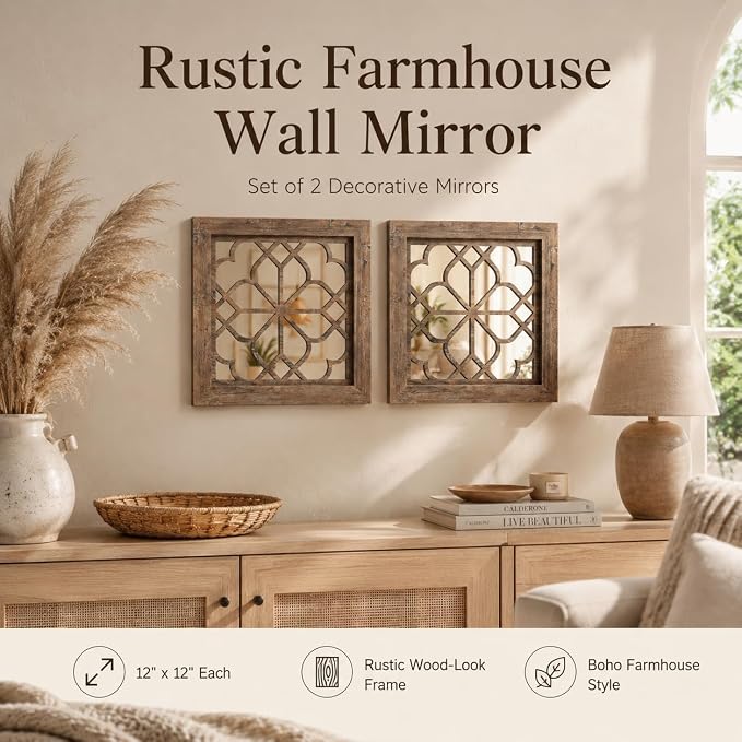 Boho Wall Mirror Decor, Set of 2 Rustic Farmhouse Mirror 12x12 Inch, Square Shatterproof Vintage Style Mirrors for Wall, Small Decorative Mirrors for Living Room, Bedroom，Maroon - Image 2