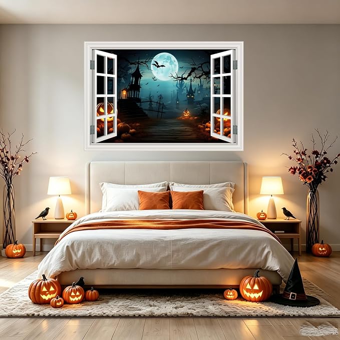 Halloween Decorations Decal Scary Fake Window Halloween Party Decor Sticker | ｜Full Moon Night View Terror Castle Pumpkin Bat Spooky Wall Art Poster Mural ｜ Peel and Stick Decals｜48"x32",Set of 2 Sheets - Image 8