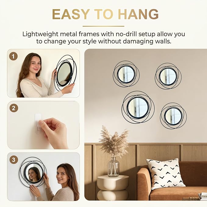 4 Piece Gold Round Wall Mirror Set Modern Metal Circles for Home Decor - Image 3