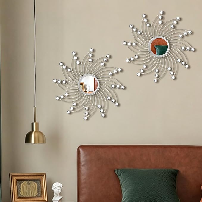 2 Pack Metal Mirrors for Wall Boho Sunburst Wall Mirror Home Decor Modern Decorative Wall Art for Bedroom Living Room Entryway - Image 2
