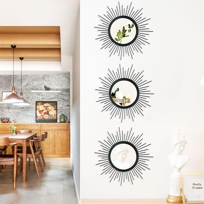 3 Pack Metal Mirrors for Wall Sunburst Wall Mirrors Home Décor Decorative Hanging Wall Art for Living Room Bedroom Entryway (Black, Sunburst) - Image 6