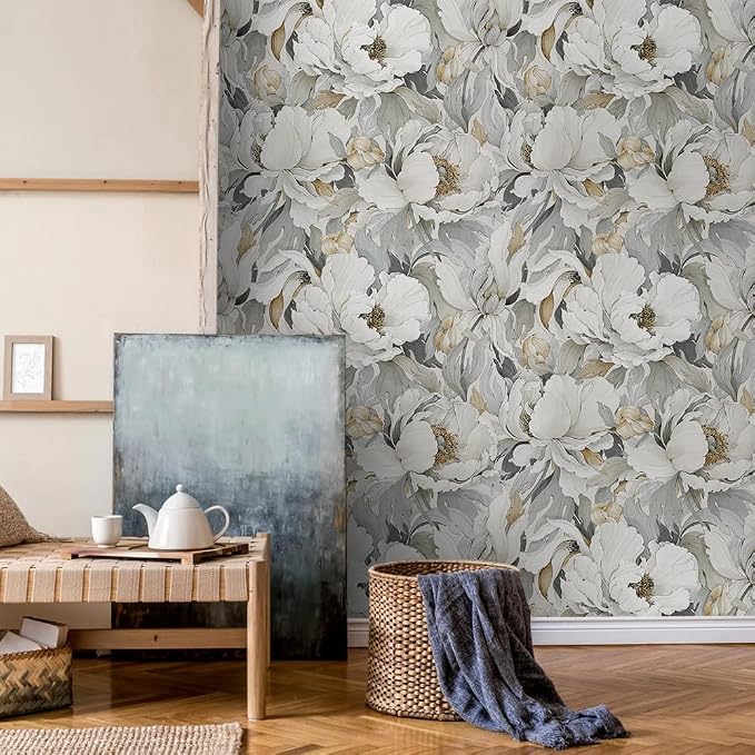 MuralPeel White Poppies Floral Modern Grey Peonies Flowers Peel and Stick Wallpaper Self Adhesive Removable Easy Peel Off Stick on Wall Paper for Bedroom Renter - Image 6