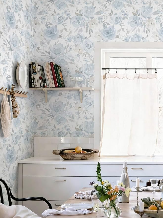 Heroad Blue Floral Wallpaper Peel and Stick Wallpaper Flower Contact Paper Rose Removable Self-Adhesive Wall Paper for Cabinets Bedroom Bathroom Stick on Walls Papel Tapiz para Pared 17.3''x78.7'' - Image 2