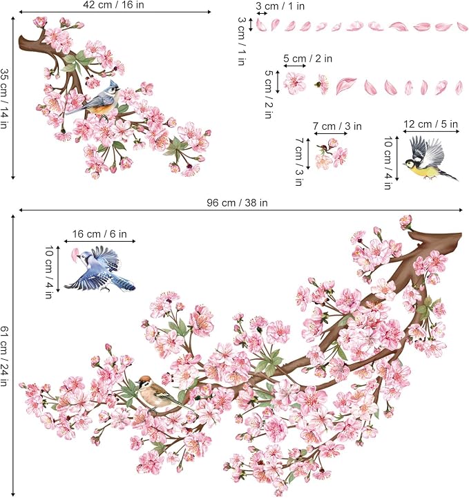 decalmile Cherry Blossom Branch Pink Floral Birds Sofa Wall Decals Stickers - Image 5