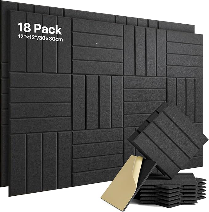 Soundsbay Sound Proof Foam Panels for Walls Self-Adhesive, 18-Pack 12"X12" | Cover 17.4 sq.ft, 150kg/m³ High-Density Polyester, Soundproof Wall Panels for Recording Studio, Home Theater, Office Black by Soundsbay