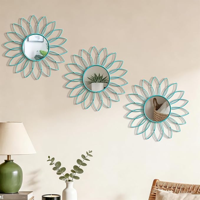 3 Pack Metal Mirrors for Wall Sunburst Wall Mirrors Home Décor Decorative Hanging Wall Art for Living Room Bedroom Entryway (Greenish Blue, Flowers) - Image 5