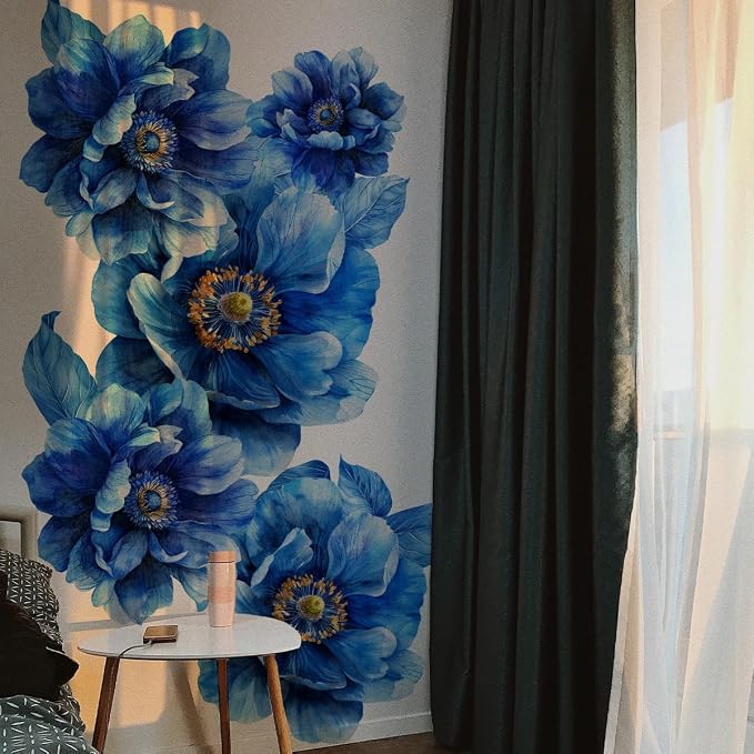 Runtoo Large Peony Flower Wall Art Decals 3D Boho Fabric Blue Floral Wall Mural Stickers for Girls Bedroom Living Room Office Home Backdrop Decor by Runtoo