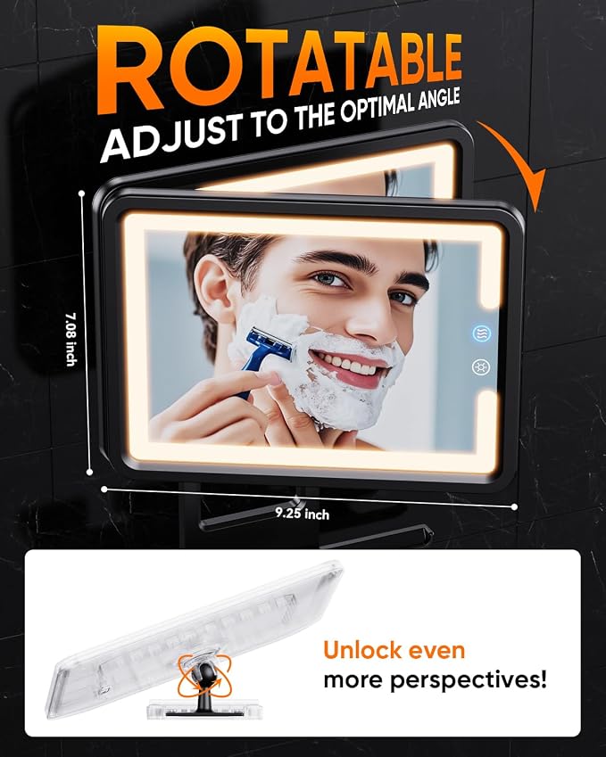 Heated Shower Mirror Fogless for Shaving (Gen 3) - 3 Colors Stepless Dimmable Lights, Anti-Fog Shaving Mirror with Razor Holder, No-Drilling, Removable - Black - Image 7