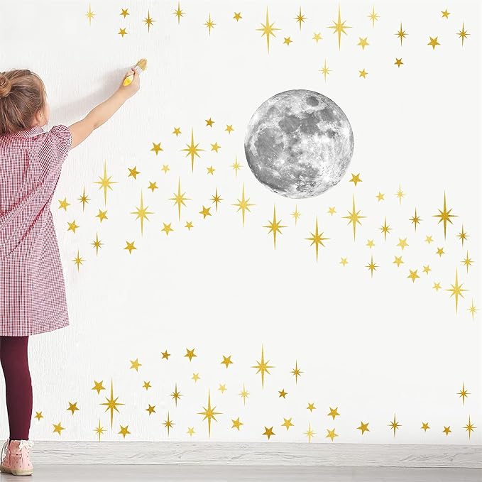 Retro Starburst Wall Decals Stars Wall Sticker Star Moon Vinyl Decal Golden | Celestial decor, sparkle wall stickers decoration, peel and stick, removable art mural, for girls bedroom living room nursery - Image 5