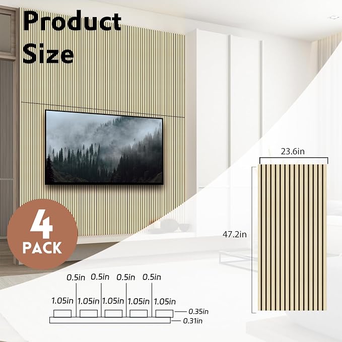 RITOLLO 4 Pack Wood Panels for Wall, Wood Slat Acoustic Panels for Wall, Soundproof Panels, 3D Fluted Panels for Interior Wall Decor 47.2 x 23.6(4 PCS) -Oak - Image 2