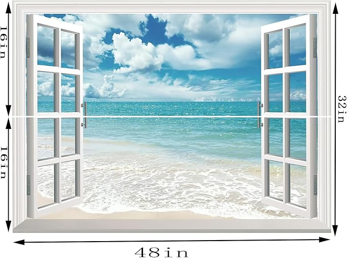 Fake Window Wall Mural White Beach (48"x32") | Peel and Stick Faux Window Wall Sticker Decal Poster for Bedroom Home Decor - Image 3