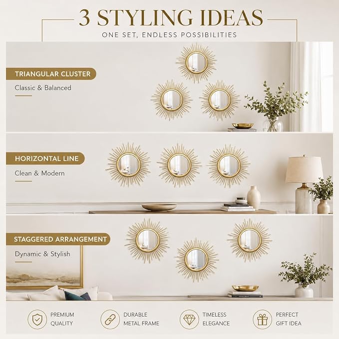 Gold Sunburst Mirror Set of 3, 3PCS Metal Round Decorative Wall Mirrors, Starburst Accent Mirror Wall Decor for Living Room, Bedroom, Entryway, Hallway & Bathroom - Image 6