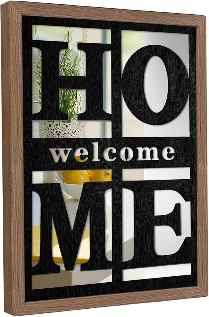 Welcome Home Signs Wall Decor, Wooden Rustic Farmhouse Square Wall Mirror，Accent Mirror for Living Room, Bedroom, Entryway 18”x12” by MACHOOSE
