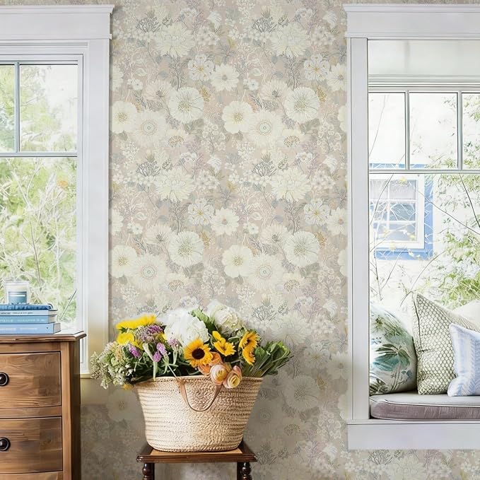 Peel and Stick Wallpaper Floral Beige Contact Paper Vintage Wallpaper Neutral Cottage Boho Farmhouse Removable Renter Friendly Waterproof Wall Paper for Cabinets Kitchen Botanical Vinyl 394" x 17.3" by DIYYOURMOON