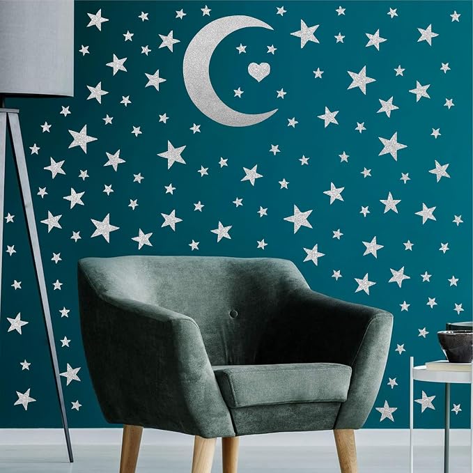 Star Wall Decals Silver Stars Moon Stickers Peel and Stick Celestial Decor | Star and moon decor, sparkle decal for walls, wall sticker, removable vinyl art mural, peel and stick, for kids baby bedroom - Image 2