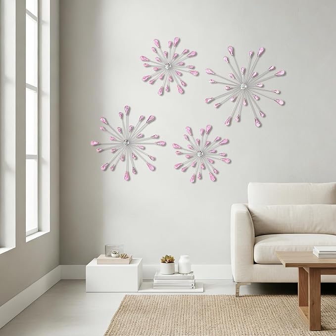 ZEXUIRU 4 Set Silver Starburst Wall Art for Home Decor Metal Bling Crystal Rhinestones Sunburst Wall Decor Sparkling Rhinestone Art Accent -Pink 13in/11.8in/9.8in/9.8in - Image 2