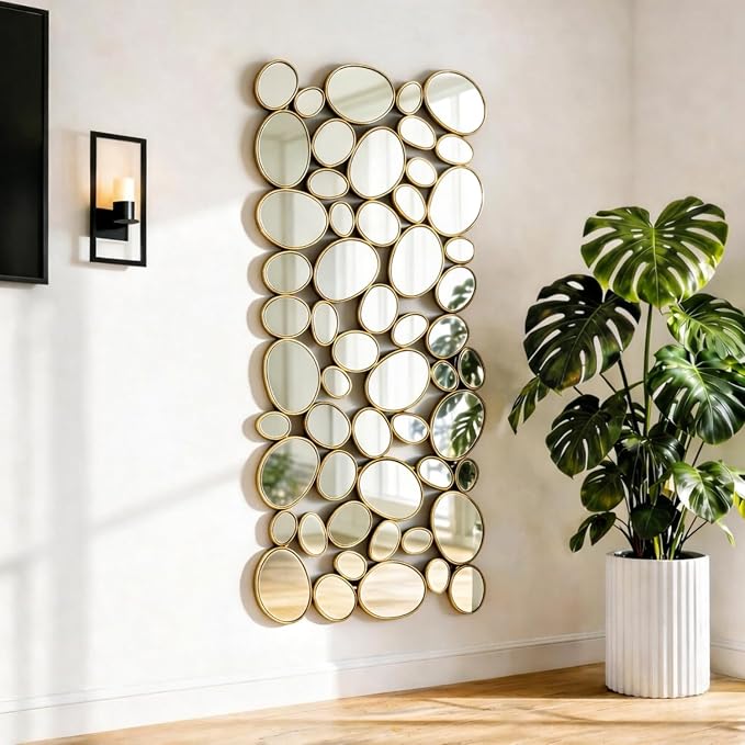 Gold Wall Mirrors Decorative - 51"x23" Large Modern Wall Mirror for Home Decor, 55 Pieces Multi-Size Pebble Design Metal Framed Accent Mirror for Entryway Bedroom Living Room Wall Art Decor by NXHOME
